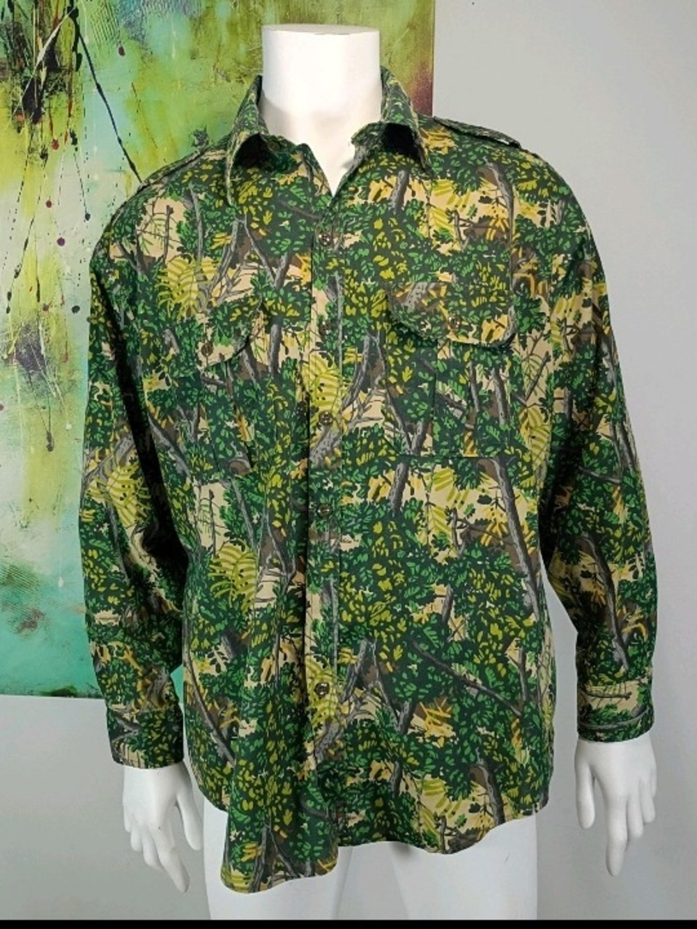 Vintage Bushlan South Texas USA Made Camouflage Hunting Long Sleeve Shirt, XXL